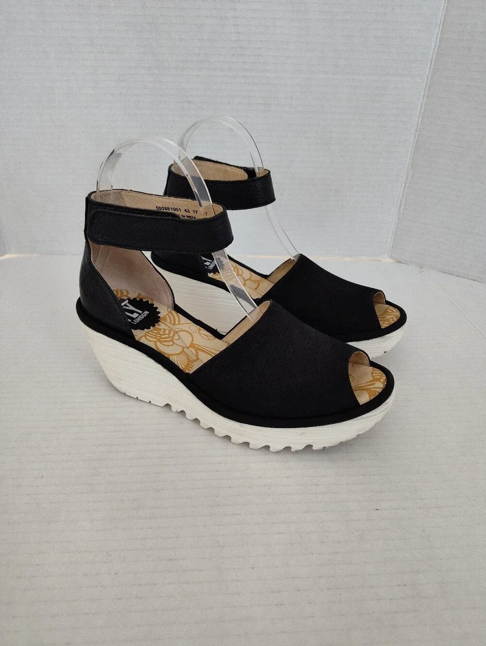 Fly London Yake Black Perforated Leather Ankle Strap Wedge Sandals sz 37 6-6.5